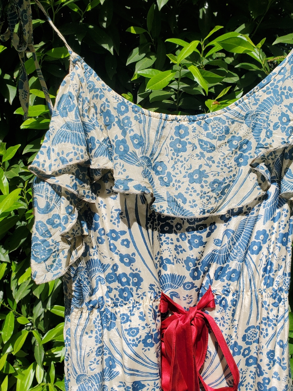 ANTHROPOLOGIE Midi Sundress Flutter Neckline Floral A-Line Ruffle Blue & Cream - Picture 15 of 15
